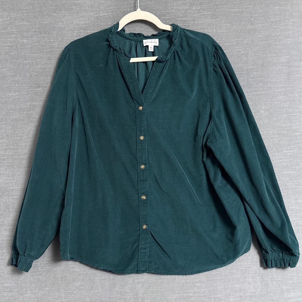 Wonderly Top XXL Green Cotton Corduroy Ruffle Button Front Long Sleeve Fall